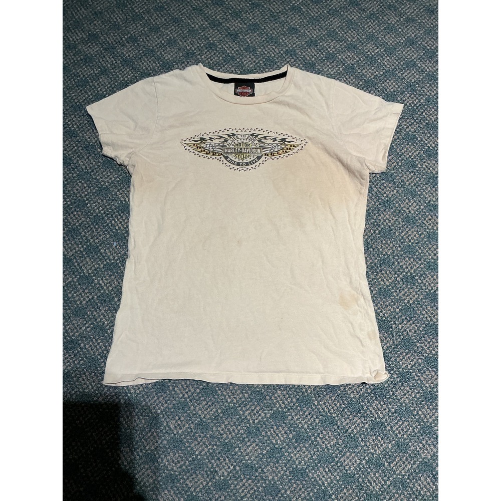 Harley-Davidson Graphic Tee Womens Large‎ Cream Fair Rhinestone Wings Texas USA